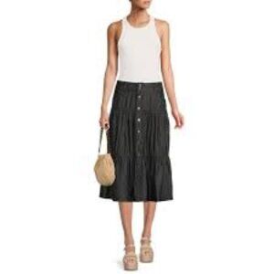 Tiered Button Up Black Denim Midi Skirt